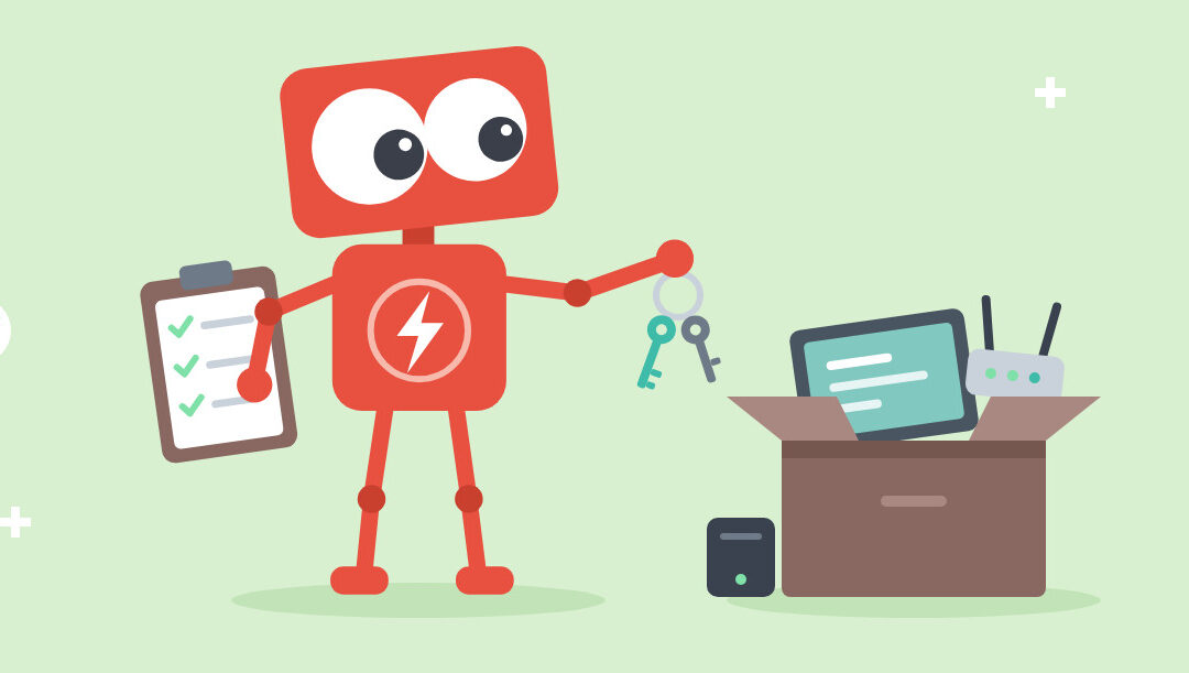 Fantastic IT's red robot handing over a ring of keys and a checklist, illustrating an outsourced IT support handoff