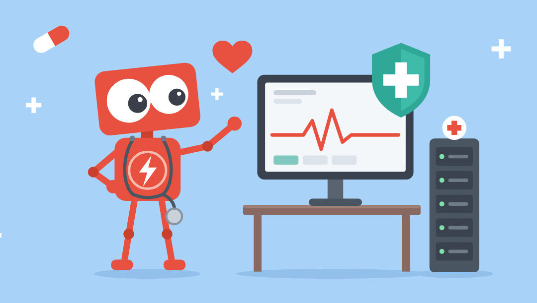 Fantastic IT's red robot reviewing an IT checklist at a medical reception desk.